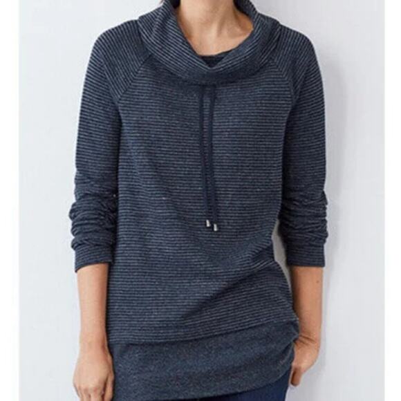 J Jill Relaxed Waffle-Knit Cowl-Neck Pullover Top Grey Blue Stripes Size Large - Picture 1 of 4